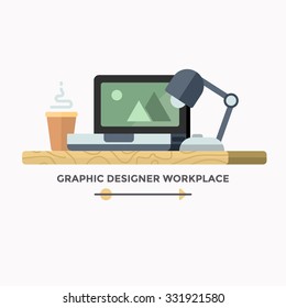 Graphic Designer workplace. Flat design style.