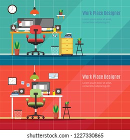 Graphic designer workplace, Flat Vector Illustration, Top view of workplace 