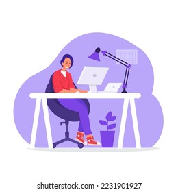 Graphic designer in workplace. freelancer woman sitting at workspace.