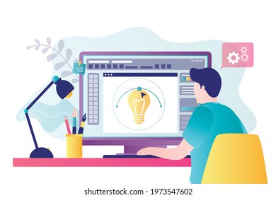 Graphic designer in workplace. Handsome freelancer guy sitting at workspace. Digital artist create artwork or task. Software for paint on display. Painter drawing on pc computer. Vector illustration