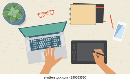Graphic Designer Workplace with Succulent Top View