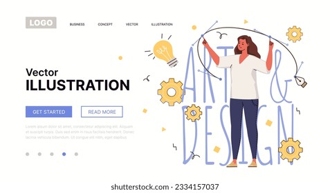 Graphic designer works with digital image using drawing tools on laptop. Website, template, landing page. Vector characters flat cartoon illustration.