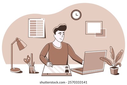 A graphic designer works as a freelancer, completing an order on a graphic tablet. Working on a project, web design courses. The comic is made in a fashionable chocolate-coffee color of 2025.