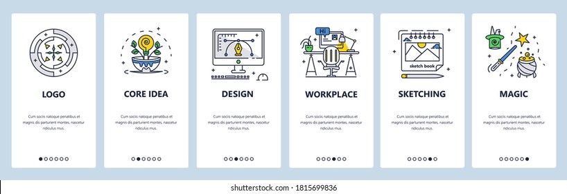 Graphic designer workspace. Logo creation, core brand idea, sketching. Mobile app screens. Vector banner template for website and mobile development. Web site design illustration.