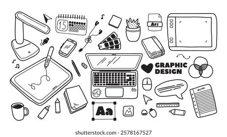 Graphic designer workspace with office accessories, stationery supplies, digital gadget for creative artistic job handdrawn doodle set. Professional workplace design element sketch vector illustration