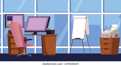 Graphic designer workspace in office building, room interior - flat vector illustration. Desk with computer and graphic tablet, printer and flipchart. Corporate office building with panoramic