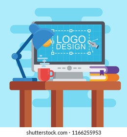 Graphic Designer Workspace Office. Creative Desk Work Vector. Logo Design.