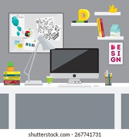 Graphic designer workspace. Set of different office design elements and digital devices.