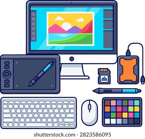 Graphic designer workspace vector illustration featuring a computer desktop monitor displaying photo editing software with a landscape picture, drawing tablet with stylus pen, keyboard, mouse, color palette board, hard drive, and SD card on a white background.