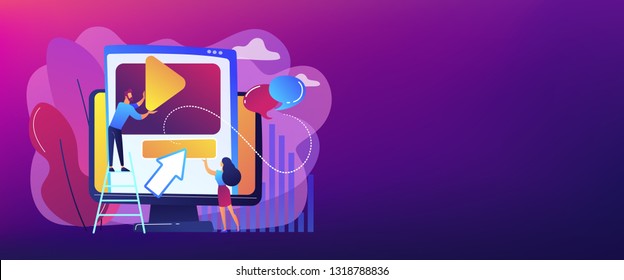 Graphic designers at computer screen creating and uploading video. Motion graphic design, video production service, motion designer work concept. Header or footer banner template with copy space.