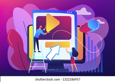 Graphic designers at computer screen creating and uploading video. Motion graphic design, video production service, motion designer work concept. Bright vibrant violet vector isolated illustration