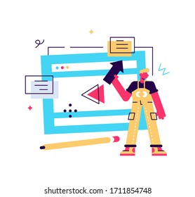 Graphic designers at computer screen creating and uploading video. Motion graphic design, video production service, motion designer work concept. Bright vibrant violet vector isolated illustration
