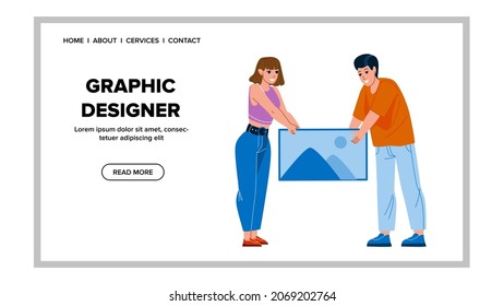 Diseñadores Gráficos Crear Proyecto Juntos Vector. Diseñadores Gráficos Hombres Y Mujeres Desarrollando Y Creando Obra Artística. Caracteres Artistas Que Trabajan En La Ilustración De Dibujos Planos Web Studio