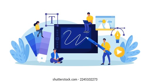 Graphic designers creating artwork using digital pen and tablet. Digital artist working on web page design. Advert designer or illustrator drawing picture on device screen. Professional software