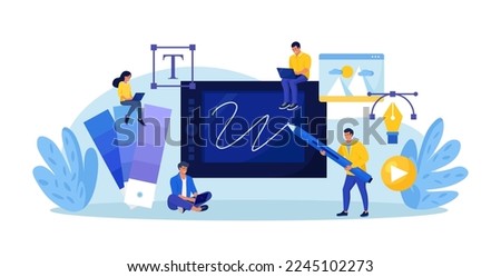 Graphic designers creating artwork using digital pen and tablet. Digital artist working on web page design. Advert designer or illustrator drawing picture on device screen. Professional software