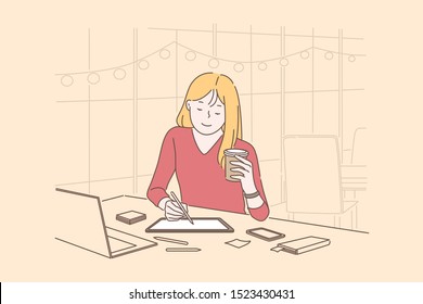 Graphic designers, digital artist occupation concept. Young woman drawing on tablet screen with stylus, relaxed girl drinking coffee in cafe, coworking center. Simple flat vector