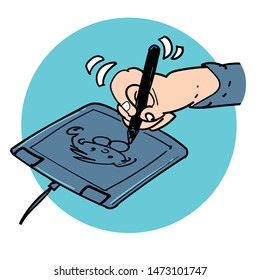 a graphic designer's hand, drawing something on the graphic tablet, cartoon style vector illustration.