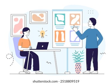 Graphic designers with idea. Man and woman working on common project. Freelancer create ui and ux design elements for website and application. Linear vector illustration isolated on white background