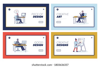 Graphic designers set of landing pages with people creating artworks and design elements for website and app interface. Team of editors and artists drawing and sketching. Linear vector illustration