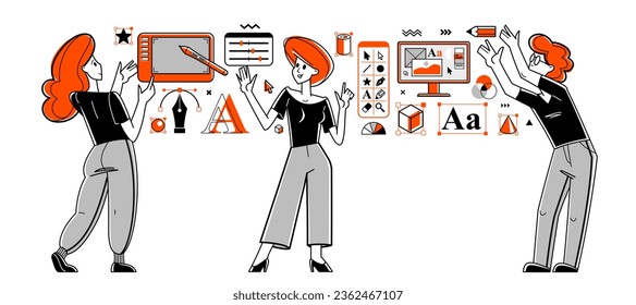 Graphic designers team doing some creative job using computer software, digital visual artist working on a project vector outline illustration, composing and editing.