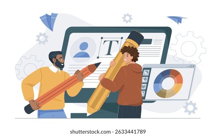 Graphic designers team. Men with pencils near computer screen. Digital artists team create interface elements for websites. UI and UX design. Flat vector illustration