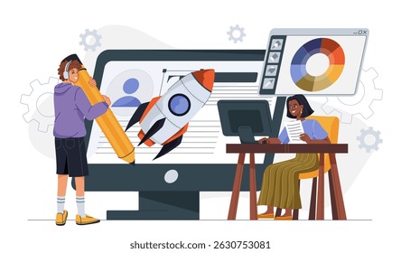 Equipe de designers gráficos. Mulher e homem com lápis grande escolher cores para paleta. Estúdio de arte e agência. Diretores de arte criando elementos de design para o site. Ilustração de vetor plano