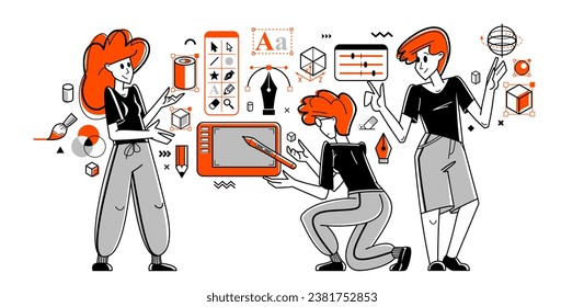 Graphic designers team working on some creative project vector outline illustration, inspired digital artists doing some visual job on pc software, composing and editing.