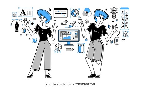 Graphic designers team working on some creative project vector outline illustration, inspired digital artists doing some visual job on pc software, composing and editing.