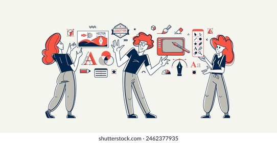 Los diseñadores gráficos trabajan en equipo en un proyecto creativo de ilustración de esquema de Vector, inspirados artistas digitales haciendo algún trabajo visual en el software de la PC, componiendo y editando.