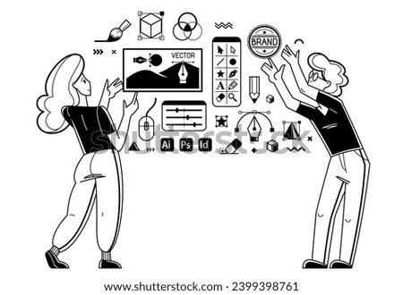 Graphic designers team working on some creative project vector outline illustration, inspired digital artists doing some visual job on pc software, composing and editing.