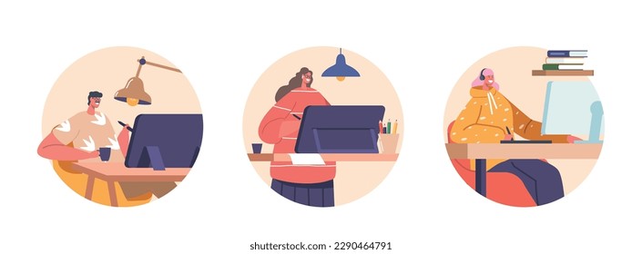 Graphic Designers At Work Isolated Round Icons Or Avatars. Creative Male And Female Characters Working On Computers