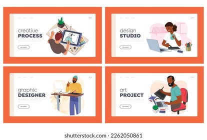 Graphic Designers at Work Landing Page Template Set. Creative Male and Female Characters Passionate About Design. People Working on Computers, Tablets and Laptops. Cartoon Vector Illustration