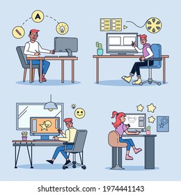 Graphic designers work with tablets and pens to create artwork for clients and agencies. Vector  illustration flat design