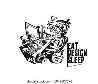 Graphic designers working at desk, Peel off sticker vector illustration. 