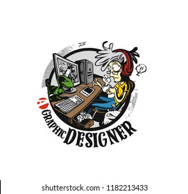 Graphic designers working at desk, Peel off sticker vector illustration. 