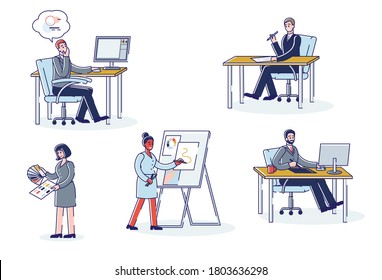 Graphic designers working. Website and mobile app development process with web and graphic designers creating interface. Cartoon characters drawing, sketching and planning. Linear vector illustration