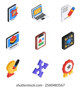 Graphic designing vector pack encompassed in this compact flat isometric icon set. Creative and realistic designs just a click away!