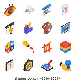 Graphic designing vector pack encompassed in this compact flat isometric icon set. Creative and realistic designs just a click away!