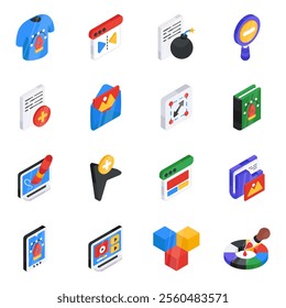 Graphic designing vector pack encompassed in this compact flat isometric icon set. Creative and realistic designs just a click away!