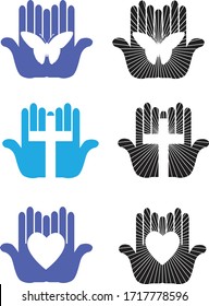 Graphic designs variety of worship and caring hands with various iconic shapes including Christian cross, heart, and butterfly. Versions also present a glow effect with radiating rules.