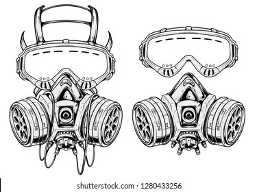 Graphic detailed black and white chemical gas mask respirator with protective glasses and filters. Isolated on white background. Vector icons set.