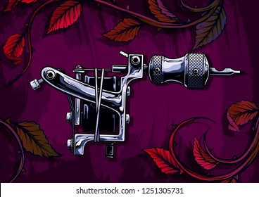 Graphic detailed black and white metal tattoo machine. On violet grunge background with rose branch, stem with leaves and thorns. Vector icon.