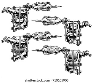 Graphic detailed black and white tattoo machine vector set. Vol. 8
