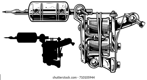 Graphic detailed black and white tattoo machine vector set. Vol. 4