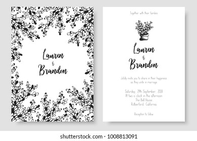 Graphic detailed cards with floral branches. Vector cards templates for save the date, wedding invites, greeting cards, postcards