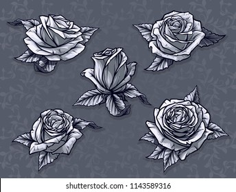 Graphic detailed cartoon black and white rose flower bud with leaves. On gray background. Vector icon set.