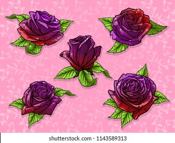 Graphic detailed cartoon violet and red rose flower bud with green leaves. On pink background. Vector icon set.