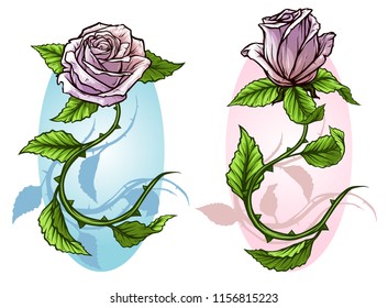 Graphic detailed cartoon warm pink roses flower with stem and leaves. On white background. Vector icon set.