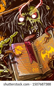 Graphic detailed colorful dark horror green zombie ghost with skull face in witch hat holding old magic book with fire dragon. Close up poster. Tattoo outline. Vector icon.