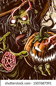 Graphic detailed colorful dark horror green zombie ghost with skull face in hat, red pentargram star and angry halloween pumpkin. Close up poster. Tattoo outline. Vector icon.